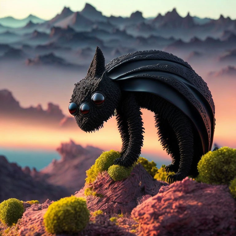 Stylized black dragon on rocky terrain with mountains and pink sky