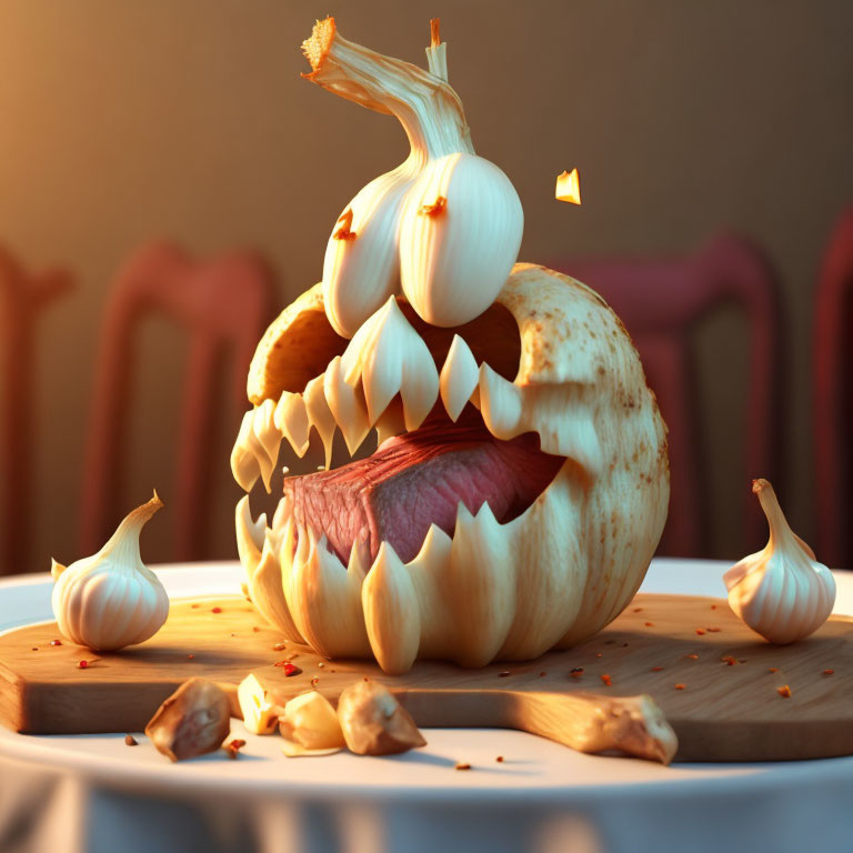 Animated Pumpkin Carving with Garlic and Onion on Chopping Board in Kitchen