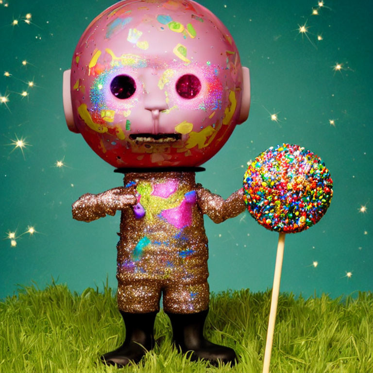 Colorful figure with lollipop in starry scene