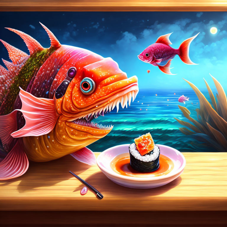 Colorful Cartoon Fish Staring at Smaller Fish Near Sushi Plate