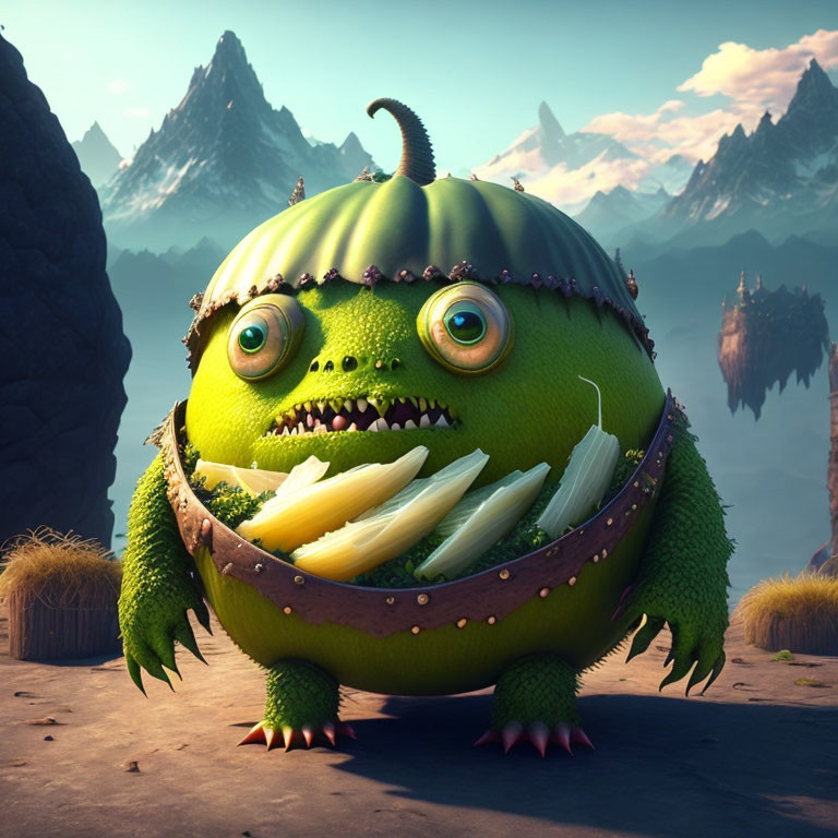 Green round monster with big eyes and sharp teeth in mountain landscape with book and spiked collar