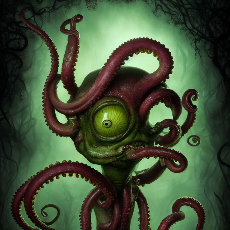 Octopus-like creature with swirling tentacles and central eye in murky green setting