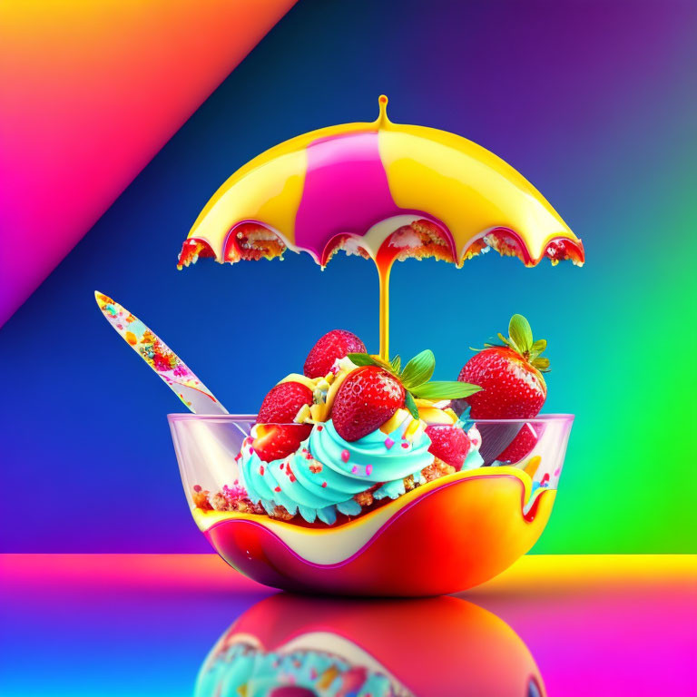 Colorful Ice Cream Bowl with Strawberries and Umbrella on Gradient Background