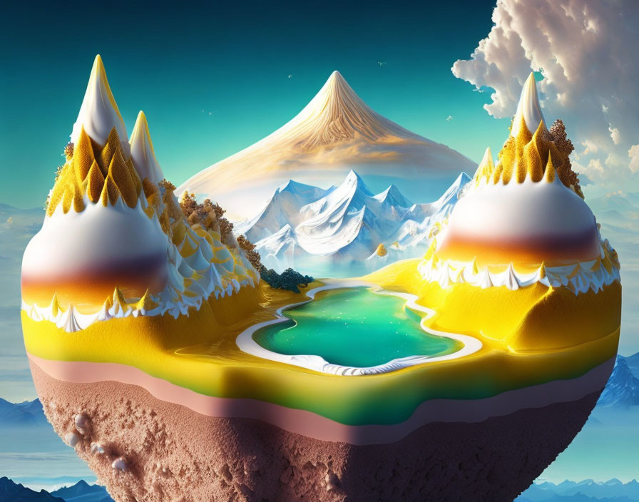 Surreal landscape with snowy mountains, forests, lake, and vibrant sky