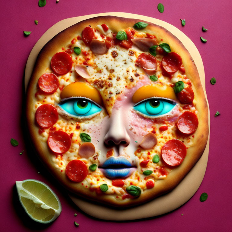 Surreal pizza with human face, eyes, nose, and lips, pepperoni and basil,