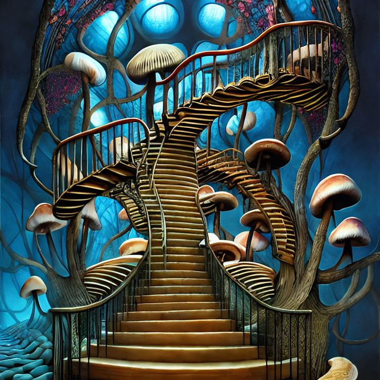 Whimsical wooden spiral staircase with oversized mushrooms on vibrant blue background