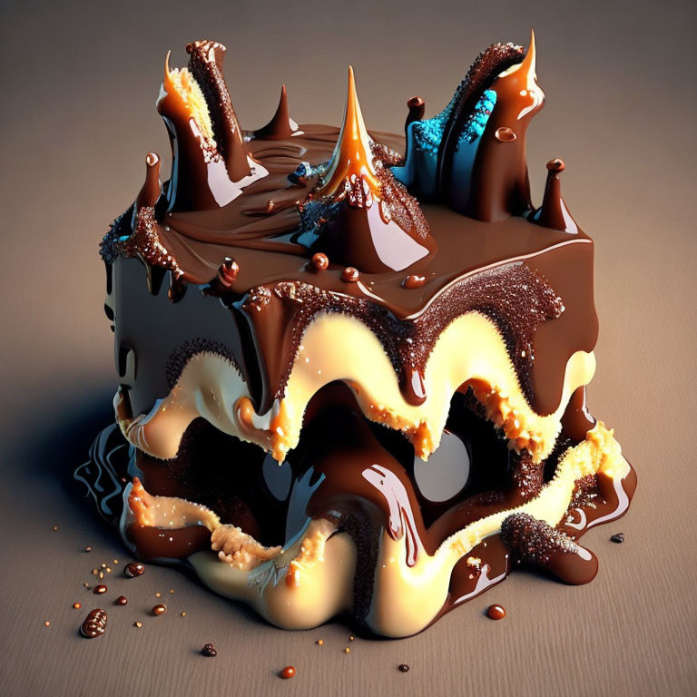 Cube-shaped Layered Cake with Chocolate and Caramel Splashes