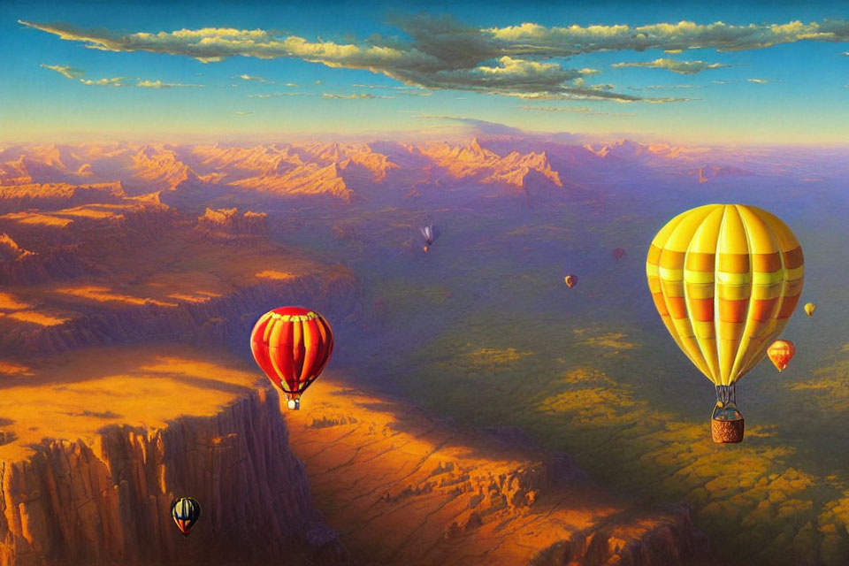 Colorful hot air balloons over canyon at sunset