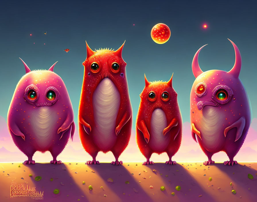 Colorful Whimsical Creatures Under Fantastical Sky