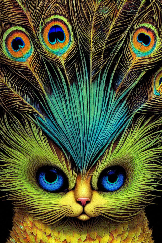 Colorful cat with peacock feather fur and blue eyes fusion.