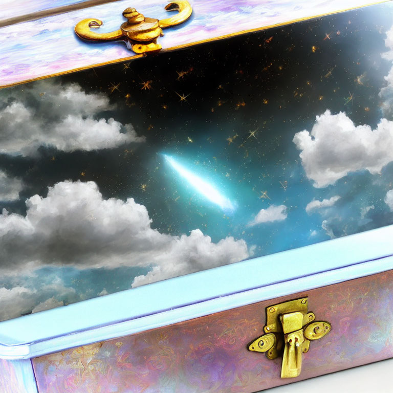 Ornate box lid displays cosmic scene with comet, stars, and clouds