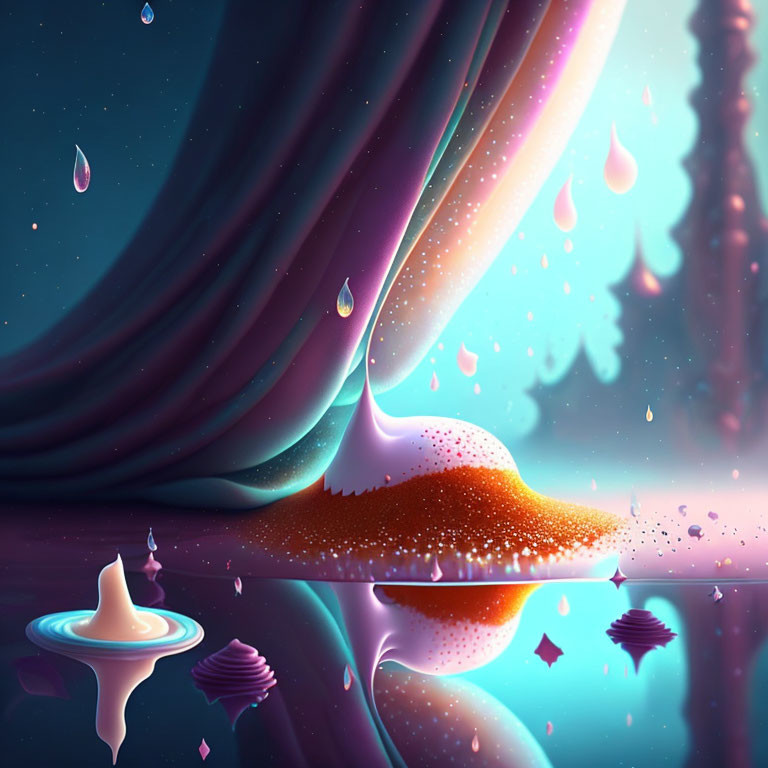 Surreal landscape with velvet curtains, glowing droplets, creamy hill, sprinkles, and reflective