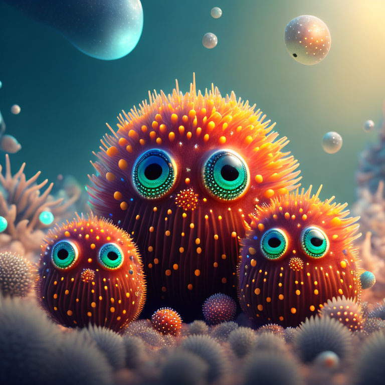 Colorful Creatures with Many Eyes in Surreal Underwater Scene