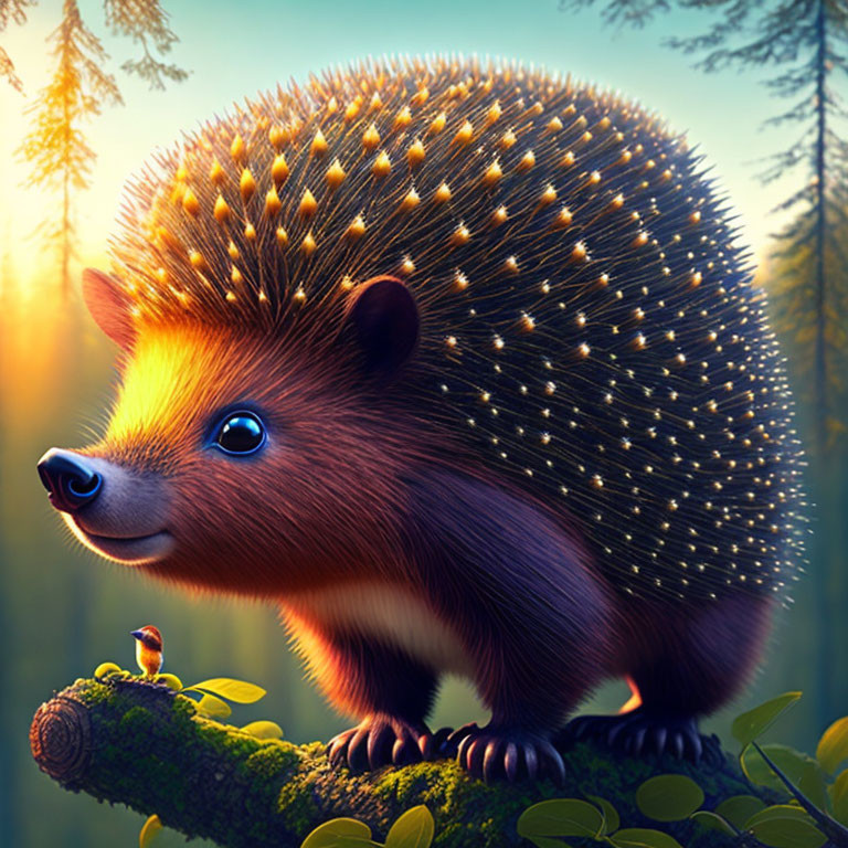 Stylized illustration of hedgehog with glowing spines in forest at sunset