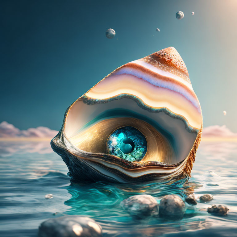 Colorful surreal image of an eye in open seashell with floating droplets on blue aquatic background