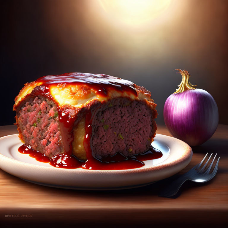 Homestyle meatloaf with ketchup, mashed potatoes, and onion on plate