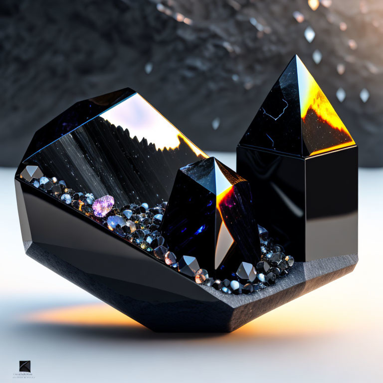 Futuristic crystal sculpture with black surfaces and smaller crystals on ethereal backdrop