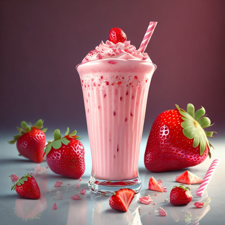 Pink Strawberry Milkshake with Whipped Cream and Fresh Berries on Reflective Surface