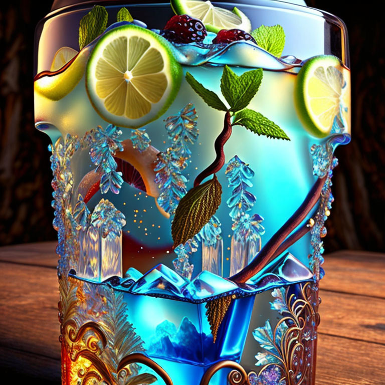 Colorful Cocktail Glass with Ice, Mint, Lime, and Berries
