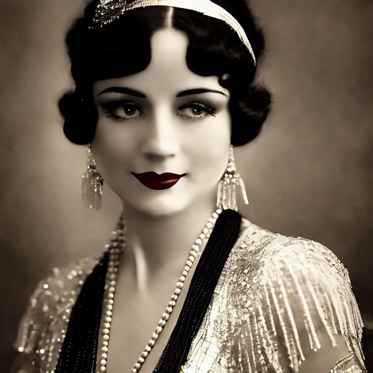 Sepia-Toned Vintage Portrait of Woman in 1920s Flapper Style