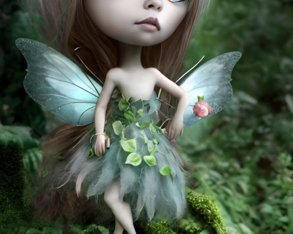 Whimsical fairy doll with transparent wings and leafy green dress on moss-covered surface