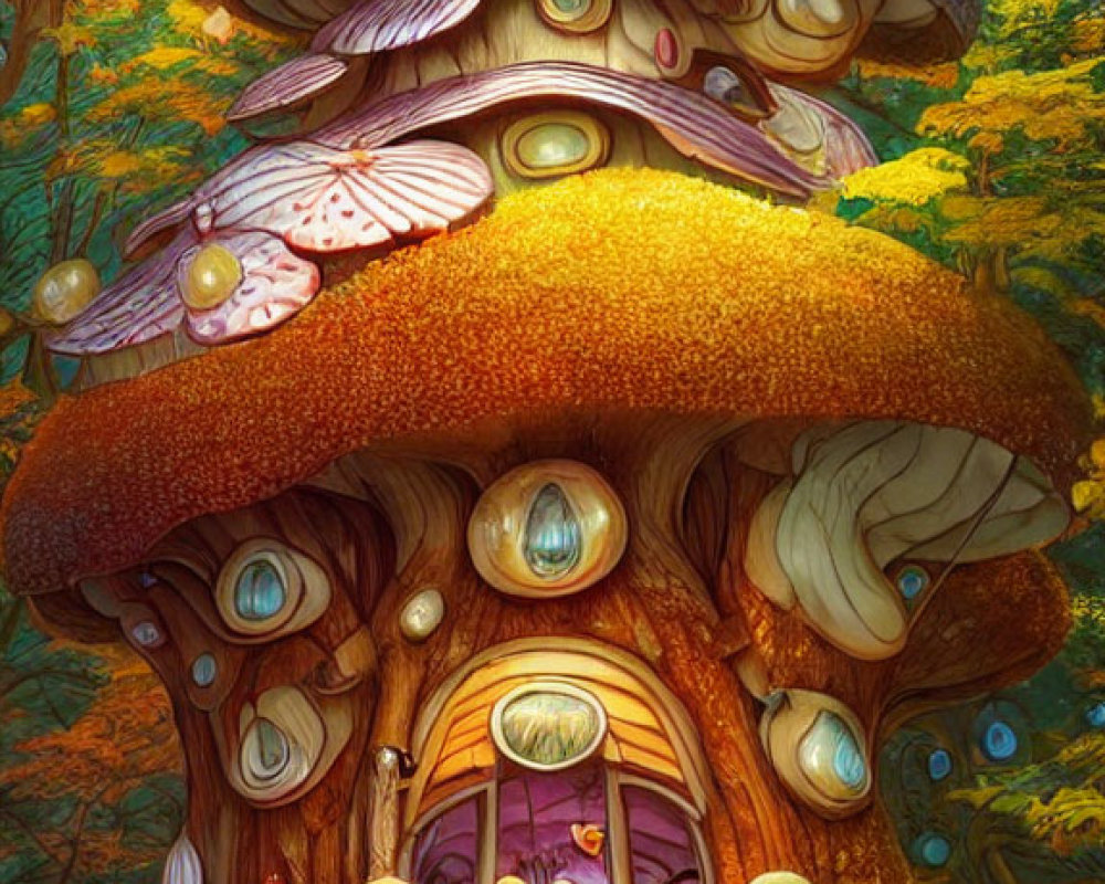 Colorful Mushroom-Shaped House Illustration in Enchanted Forest