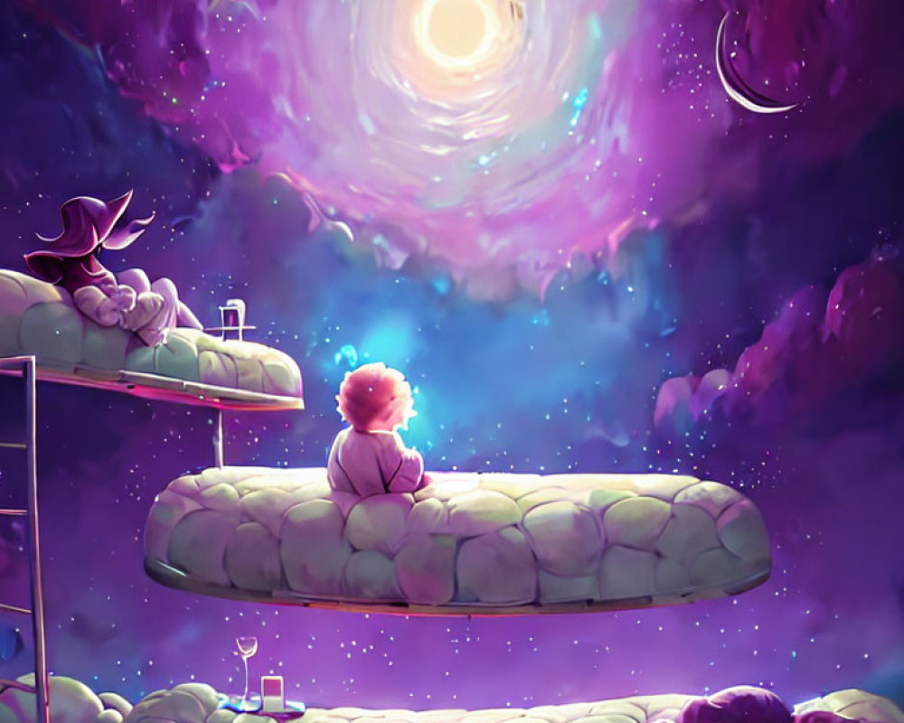 Child on Cloud Gazes at Cosmic Swirl Amid Starry Sky