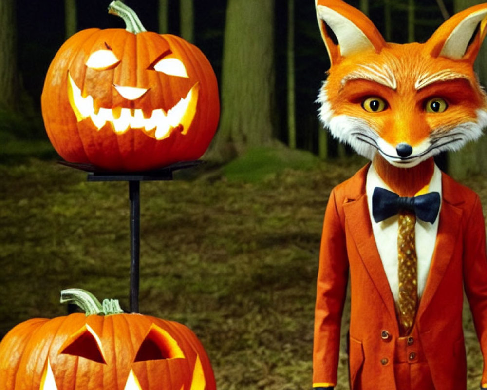 Person in Fox Costume with Suit Among Lit Jack-o'-lanterns in Nighttime Forest