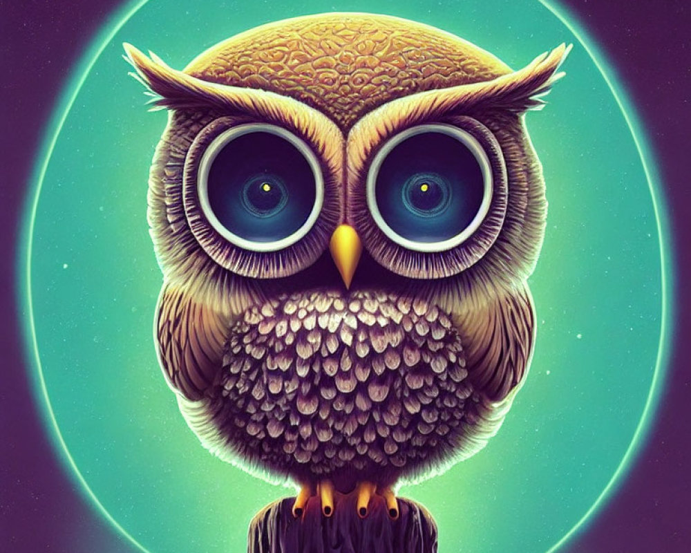 Stylized owl illustration with vivid blue eyes on teal backdrop