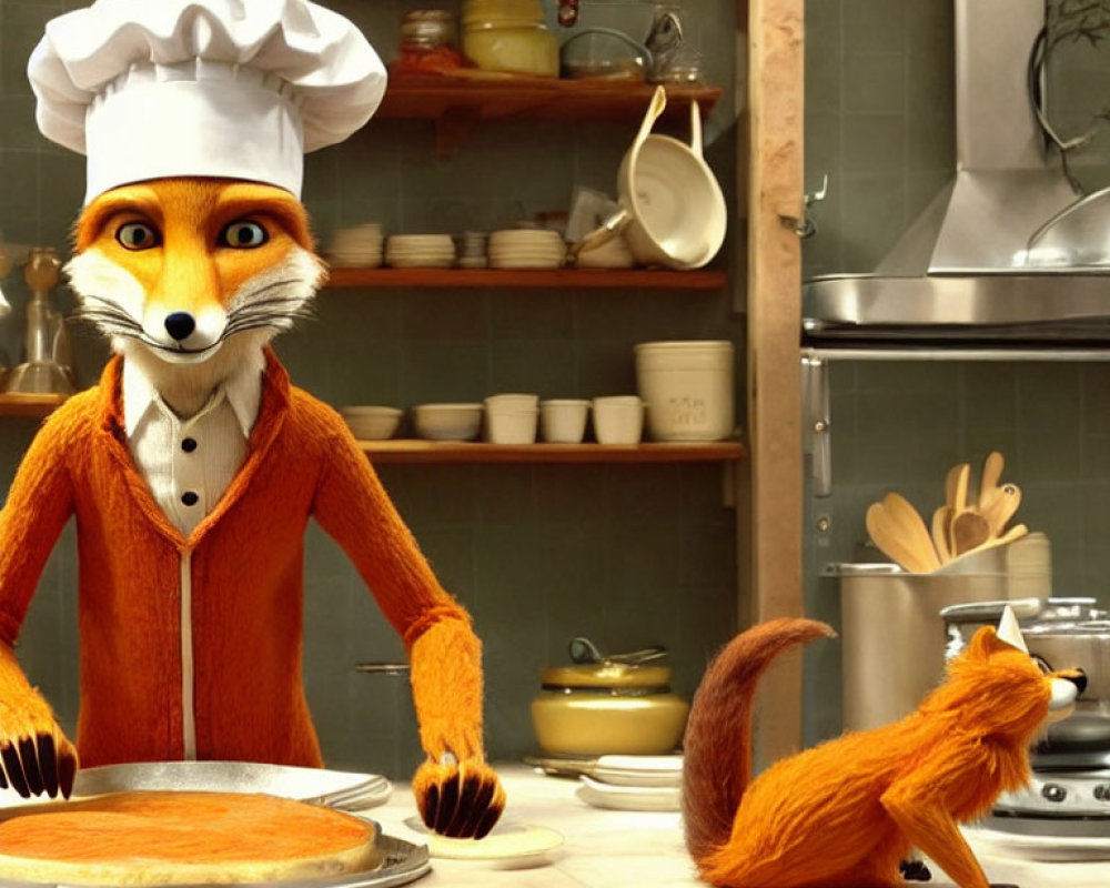 Animated Fox Chef in Kitchen Cooking with Utensils and Ingredients