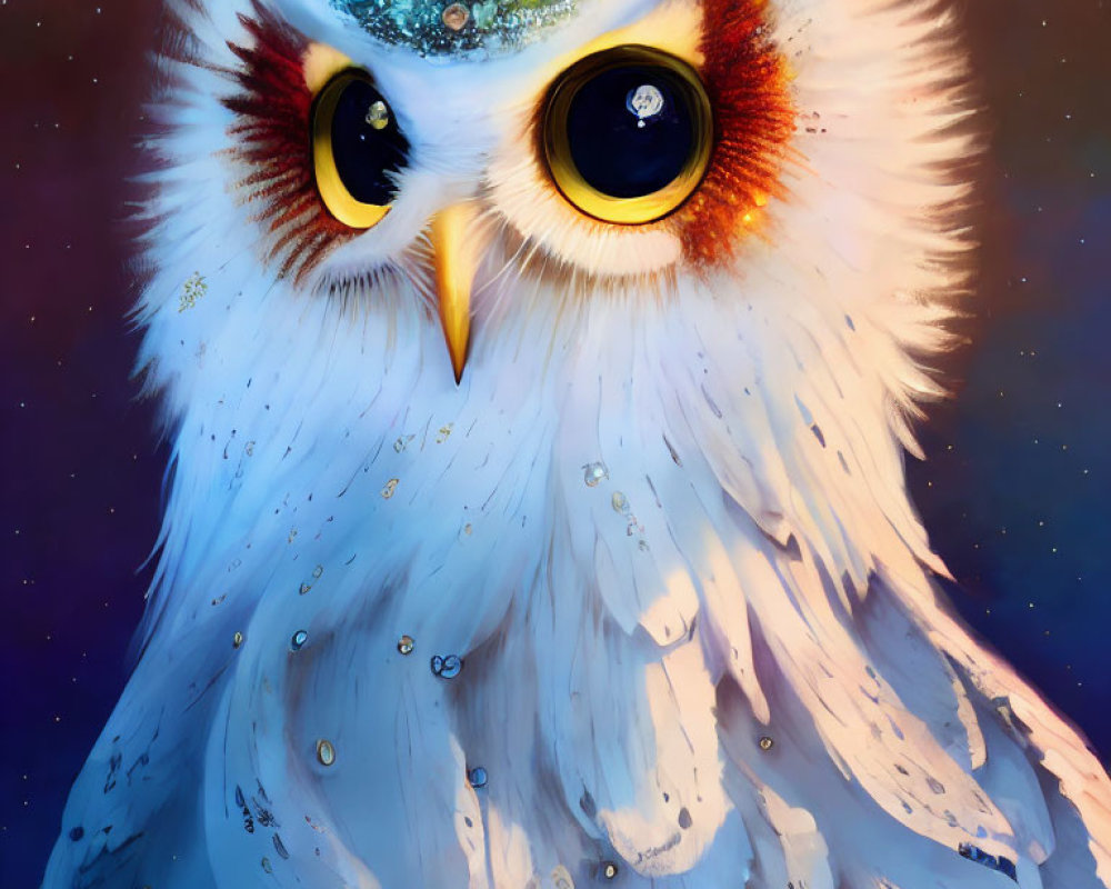 Whimsical white owl illustration with blue accents and galaxy eyes