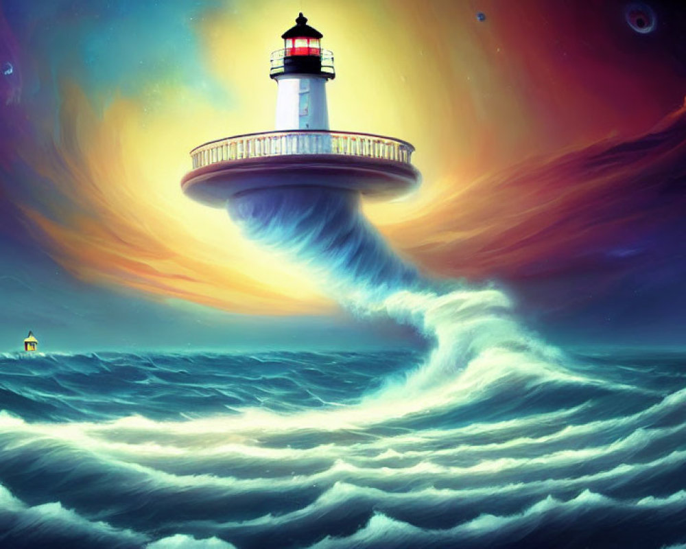 Lighthouse on swirling vortex above turbulent sea waves