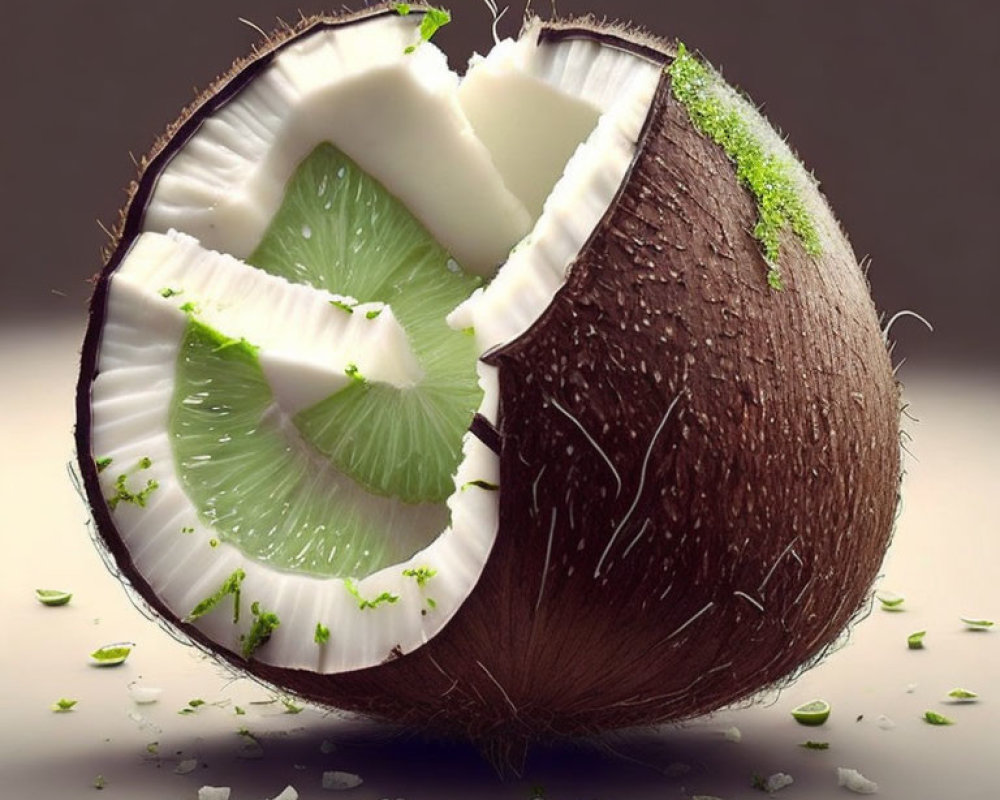 Digital composition of coconut, lime slices, and scattered shavings
