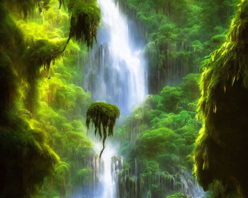 Majestic waterfall in lush greenery with ethereal lighting and three individuals
