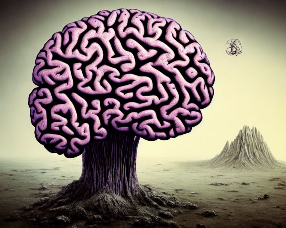Surreal landscape featuring pink brain-like tree, barren mountain, and floating bicycle
