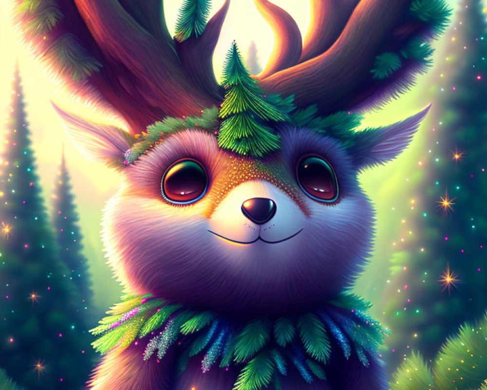 Illustration of Cute Deer with Sparkling Eyes and Forest Elements