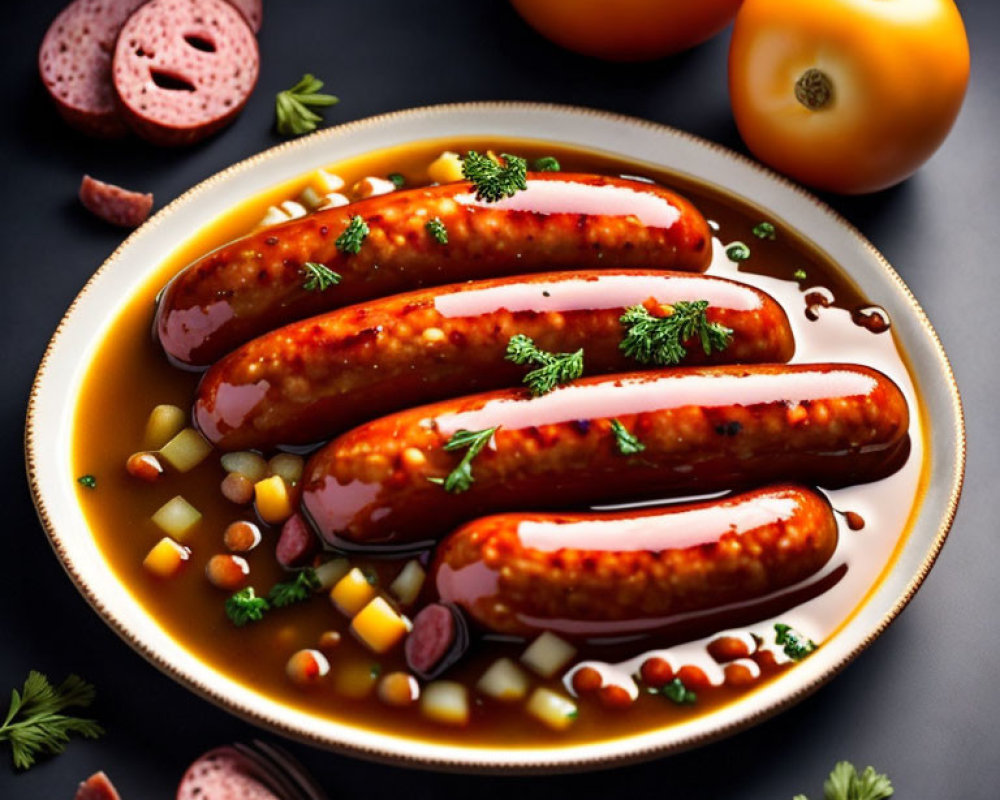 Grilled Sausages on Mustard-Spiced Sauce with Diced Vegetables and Tomato