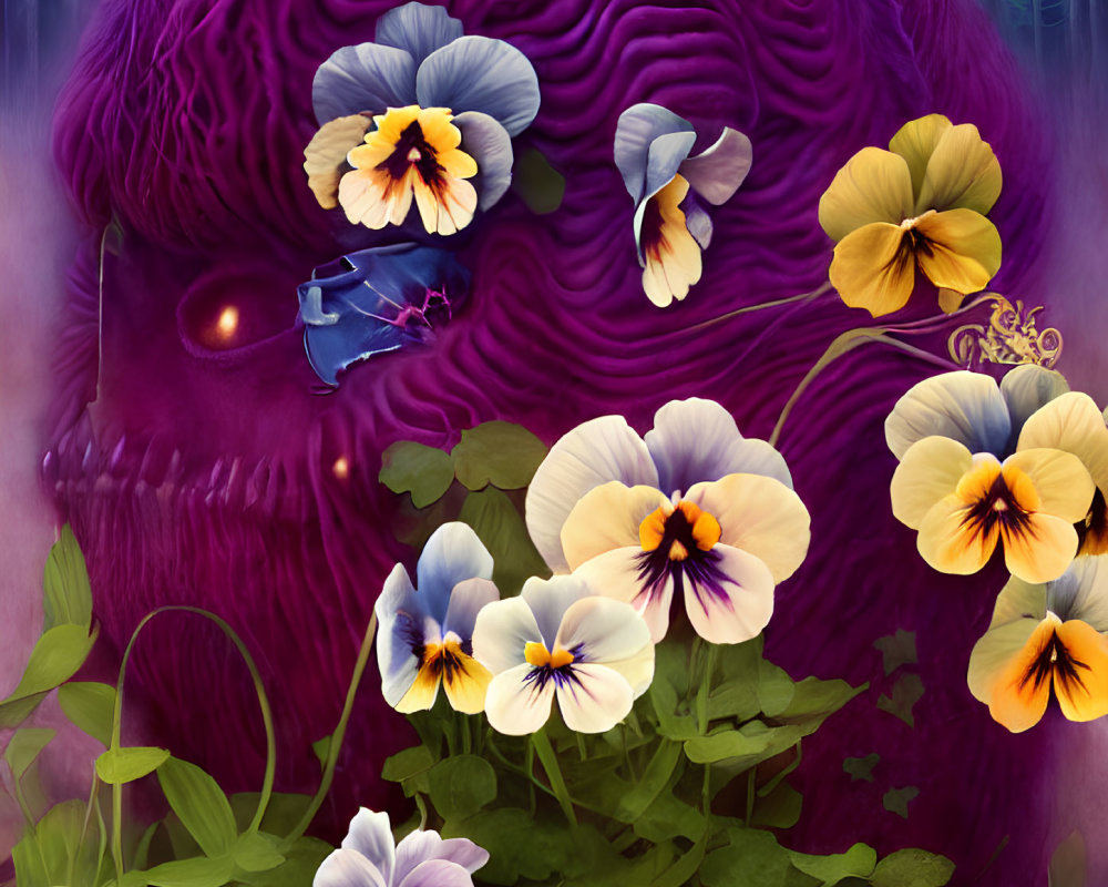 Purple textured creature with glowing eye and pansy flowers on purple background