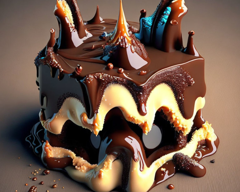 Cube-shaped Layered Cake with Chocolate and Caramel Splashes
