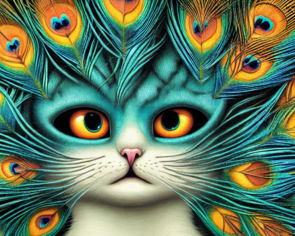 Colorful Cat Illustration with Orange Eyes and Peacock Feathers