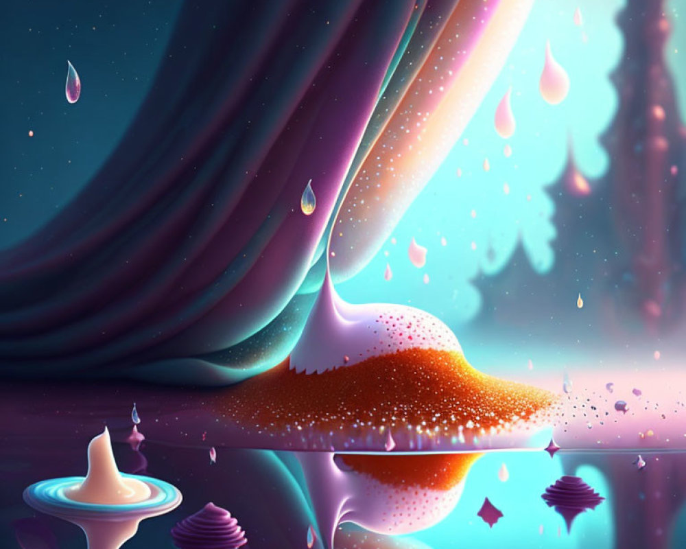 Surreal landscape with velvet curtains, glowing droplets, creamy hill, sprinkles, and reflective
