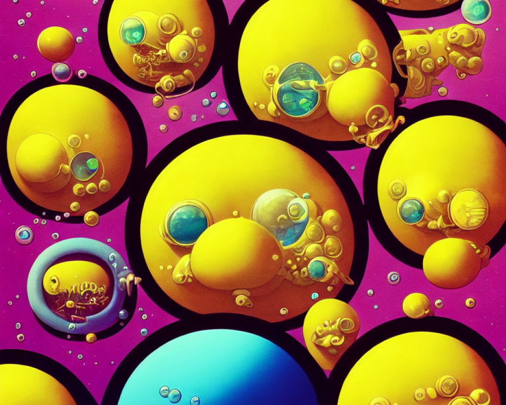 Vibrant Yellow and Blue Bubbles on Pink and Purple Background