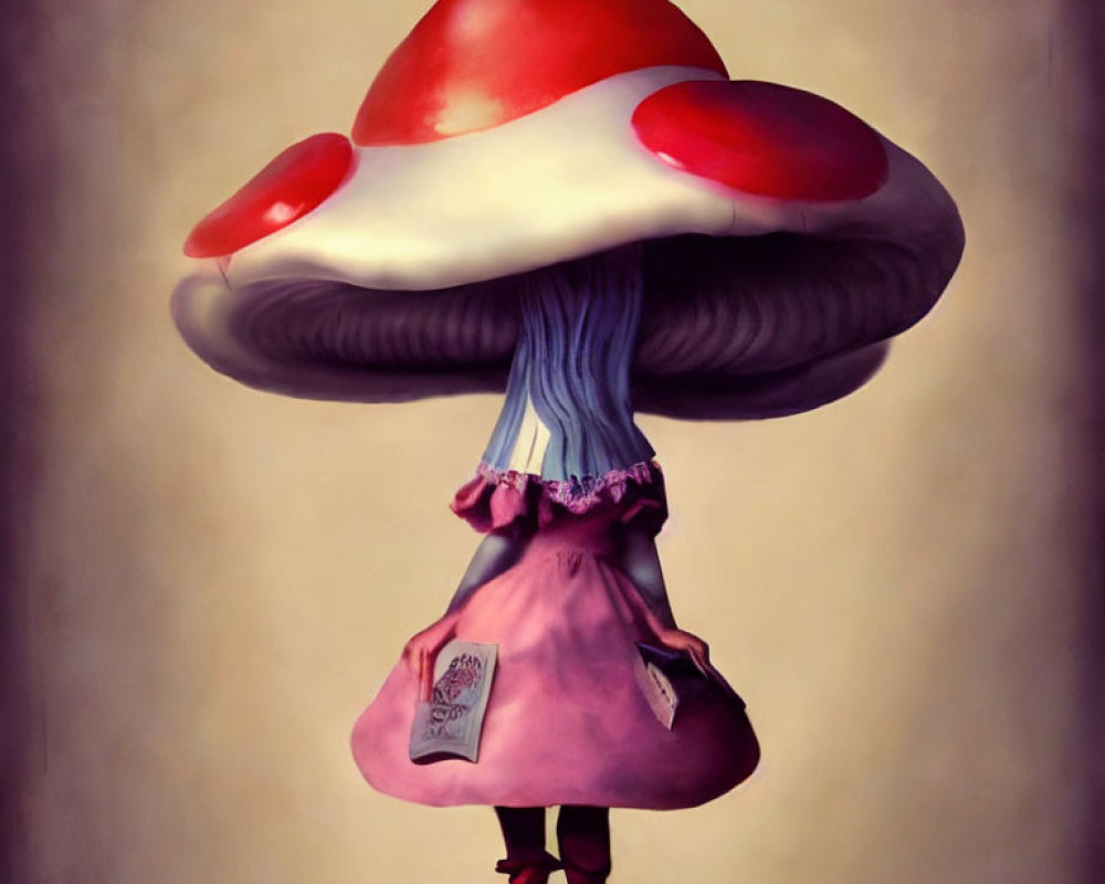 Illustration of character with mushroom head, pink dress, and red shoes on mound