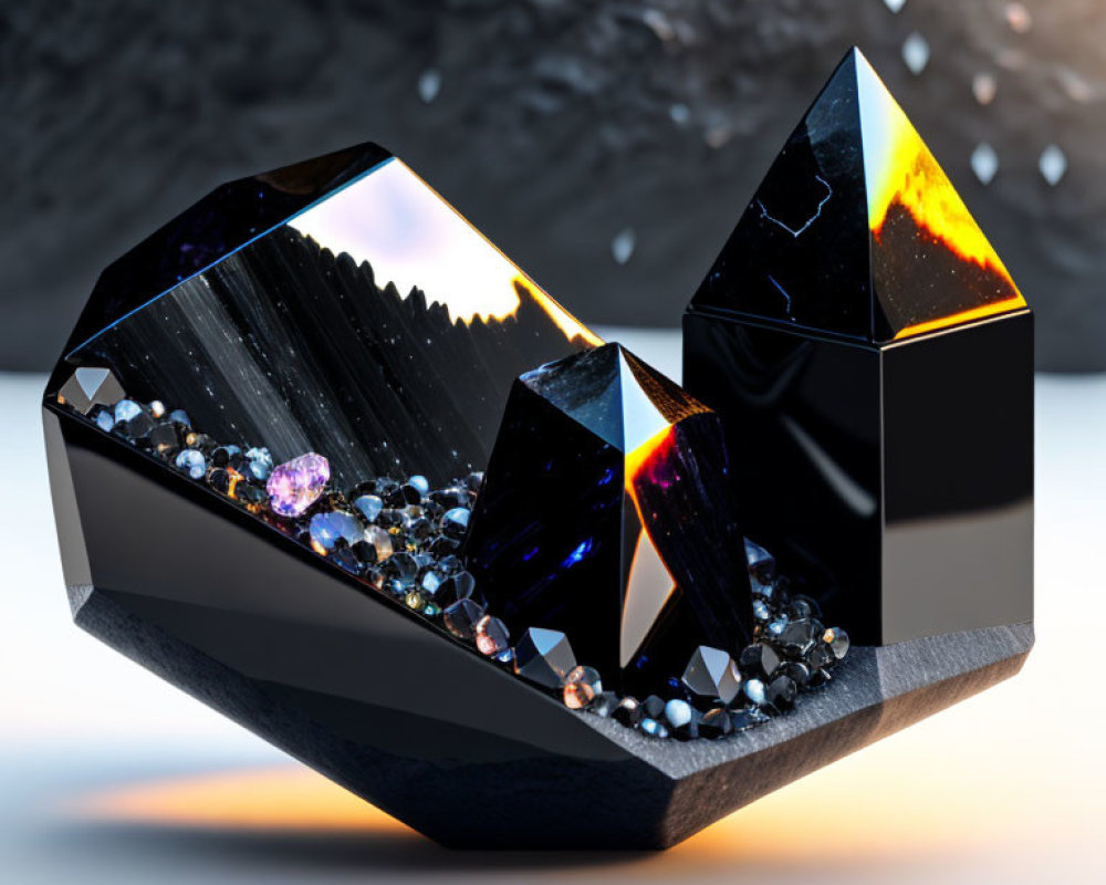 Futuristic crystal sculpture with black surfaces and smaller crystals on ethereal backdrop