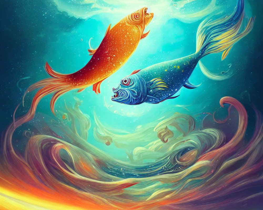 Vibrant orange and blue koi fish swimming in cosmic waters