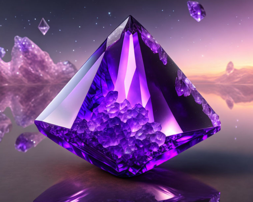 Reflective purple crystal on dreamy backdrop with floating shards and dusky sky.