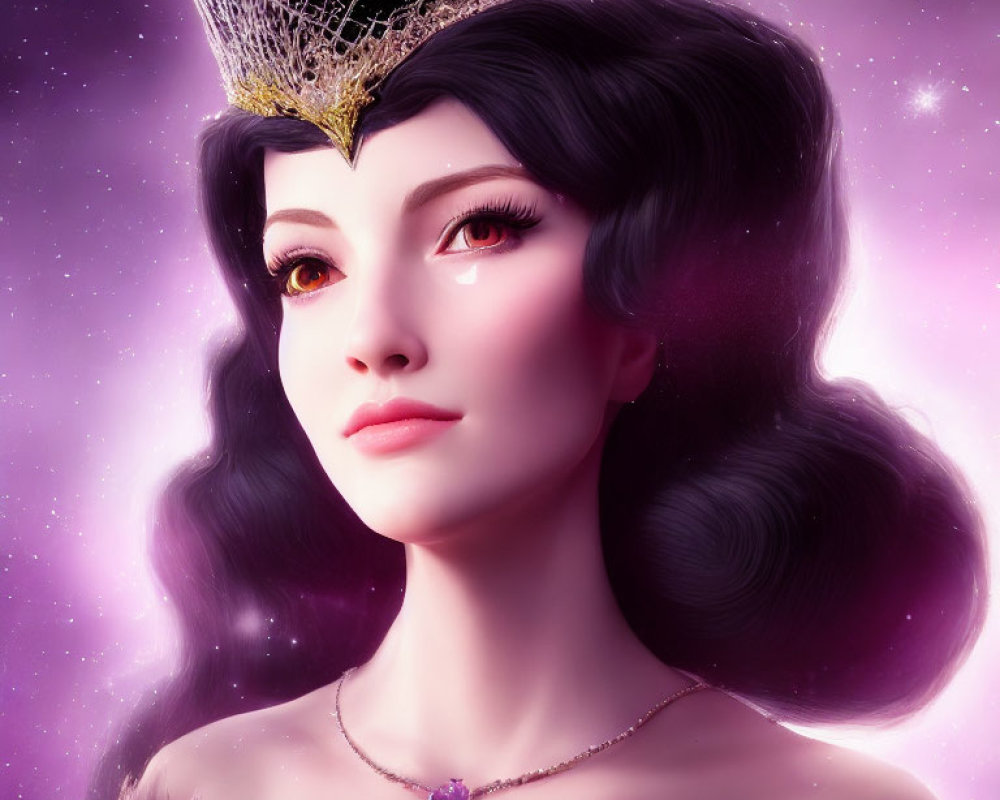 Stylized digital portrait of woman with regal crown and cosmic background