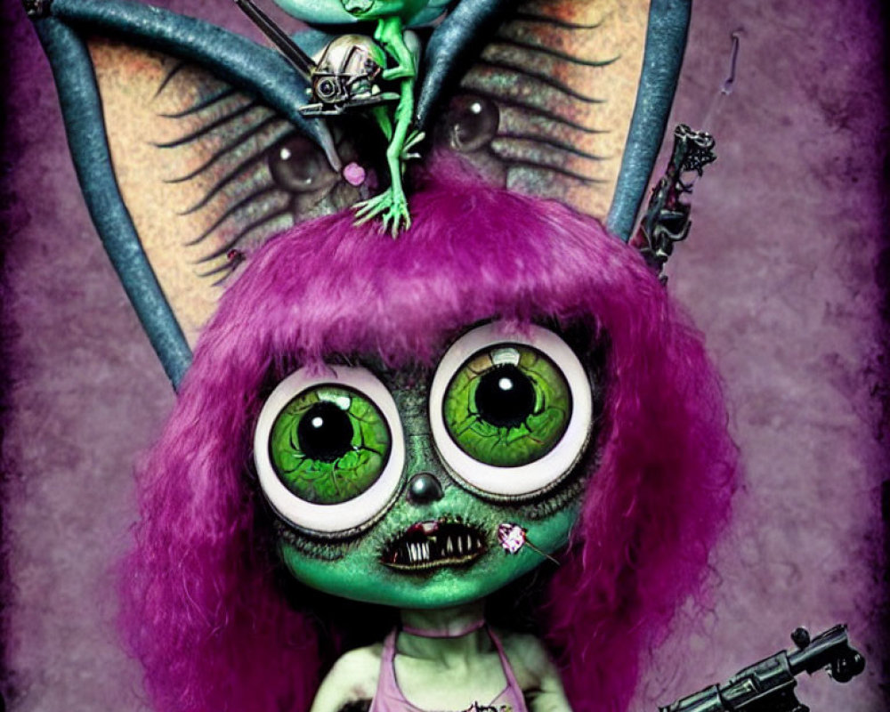 Artwork of large-eyed character with purple hair holding toy-like gun and small green alien on head