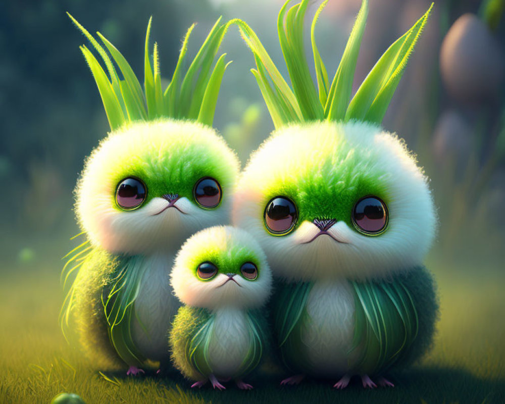 Three cute fluffy creatures with large eyes and green feathered bodies resembling chicks with grass-like tufts.