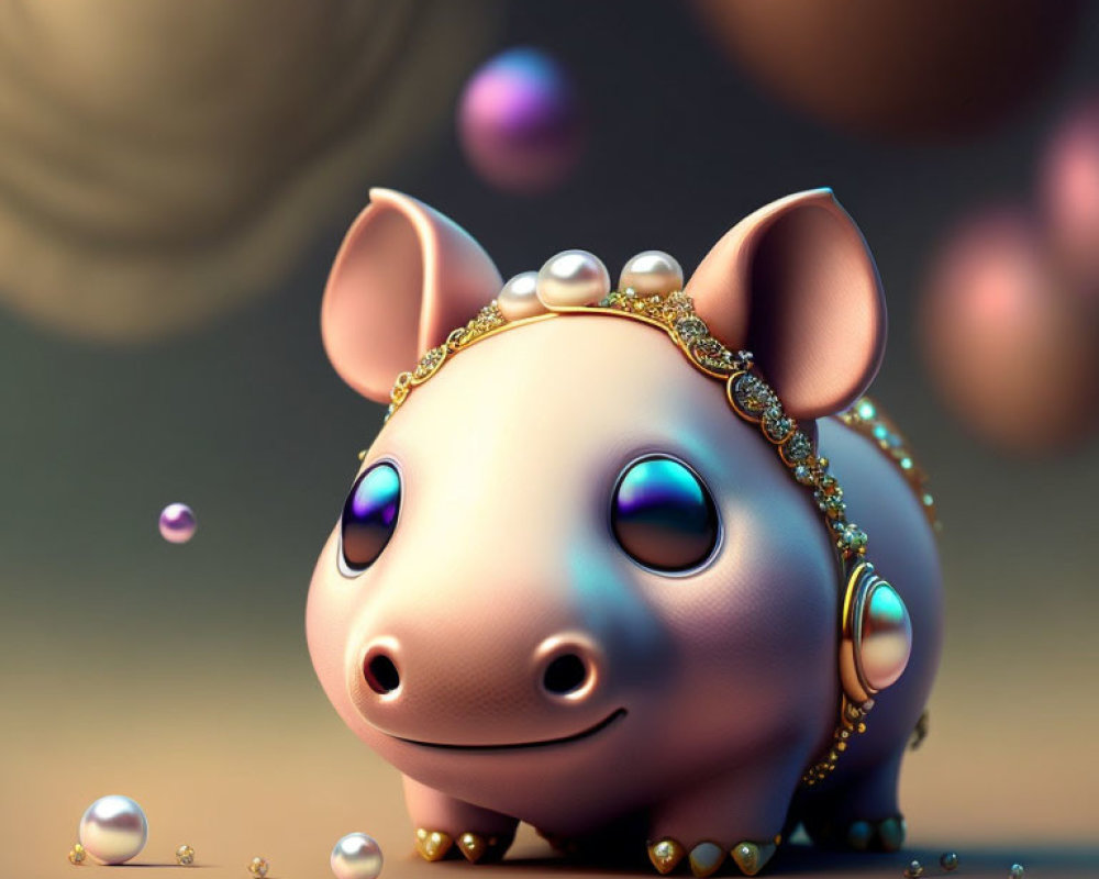 Pink Piggy Bank with Pearls and Gold Jewelry in 3D Render